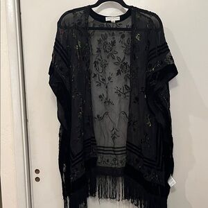 Black Sheer Floral Kimono with Fringe size s/m boho